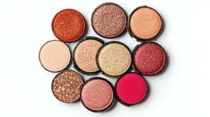 Set of eyeshadow refills in bright colors, beige, brown red, pink shades isolated on white background. Top view of Swatches Eyeshadows as christmas tree, makeup for cosmetic, makeup, beauty