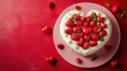 Heart shaped cake for Valentine's Day or mother's day on red background top view. Copy space