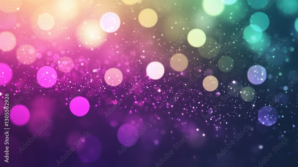 Poster colorful bokeh lights and glitter floating over dark background