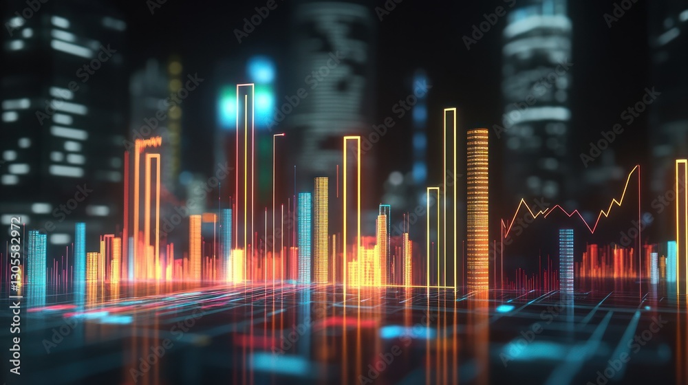 Poster glowing data chart represents financial growth in a metropolis