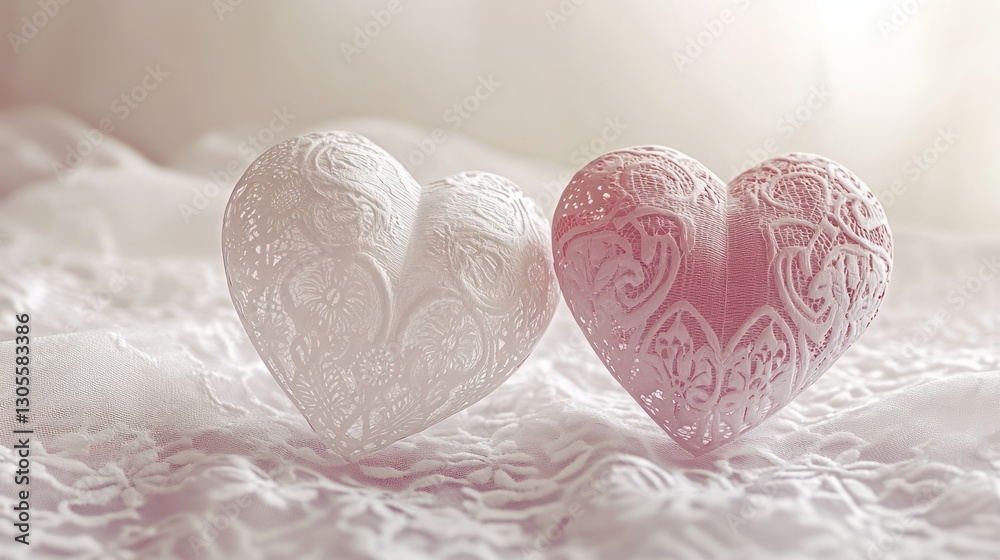 Poster Two Heart Shaped Objects Displayed Together On a Lace Fabric Surface