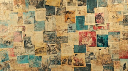 Naklejka premium Wallpaper of vintage comic book with yellowed pages and uneven ink saturation