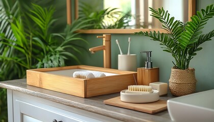 A Zen bathroom scene showcases a stylish modern design aesthetic