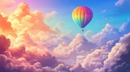 Fototapeta premium A colorful rainbow balloon floats above a fluffy cloud landscape