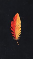 A Colorful Feather Featuring Red And Yellow Colors On Black Background
