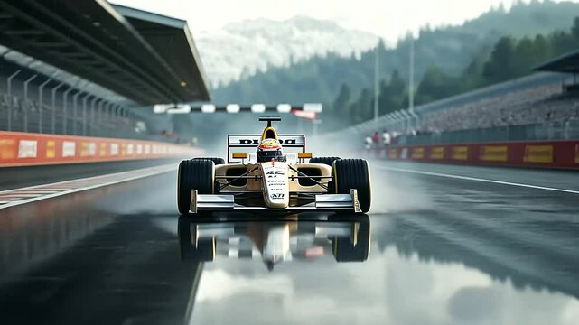 Show an F1 car crossing the finish line in the rain, with reflections of the car and the checkered flag gleaming on the wet surfacee