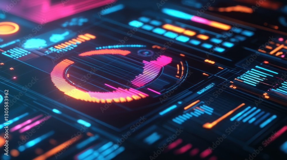 Poster Futuristic digital interface showcases data analysis and informational charts
