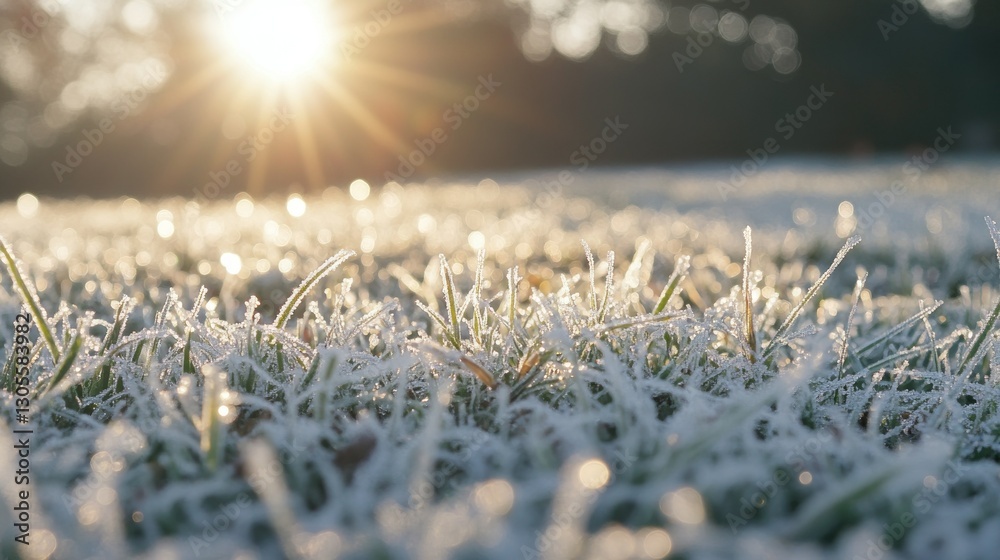 Poster sunlight shining on some frosted grass on a beautiful day