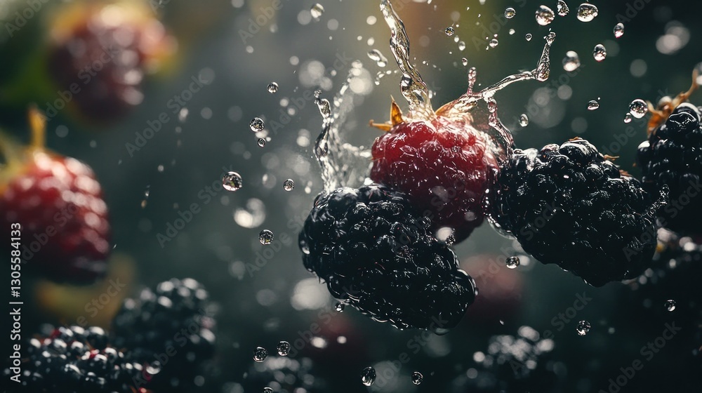Poster fresh raspberries and blackberries with splashing water drops displayed