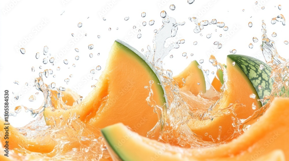 Poster slices of cantaloupe with water droplets splashing against each other