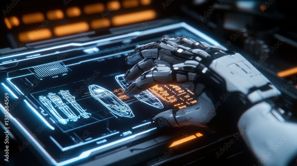 Poster the mechanical hand manipulates a digital screen displaying designs