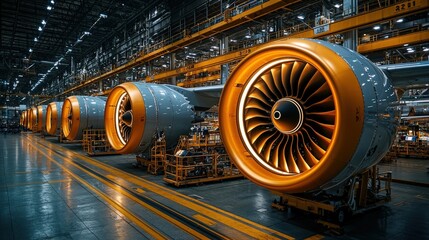 Jet engine assembly line, factory interior