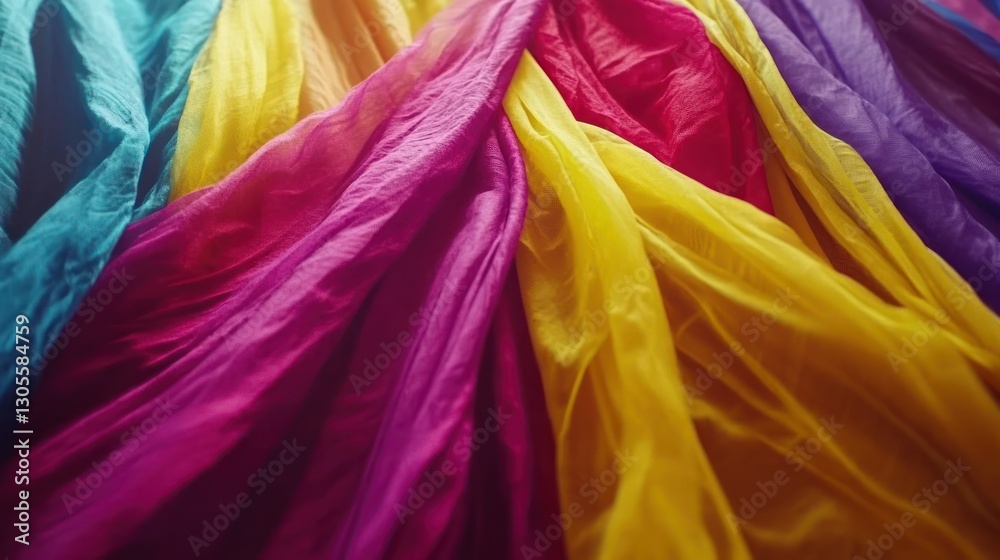 Poster Colorful fabric flowing in waves across the entire image background