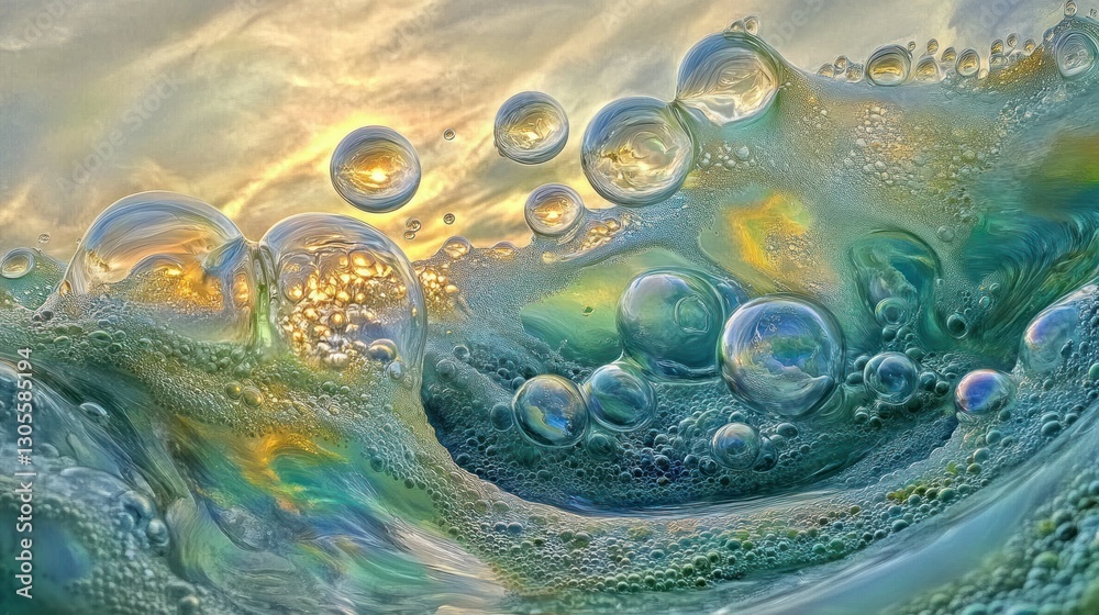 Poster reflective bubbles floating in a wave of golden water and sky