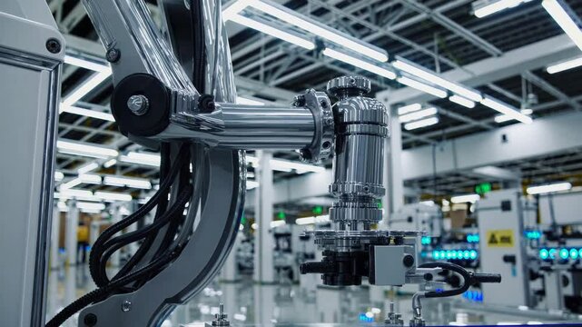 Modern robotic arm executing precise and repetitive movements in a technologically advanced factory setting, showcasing automation and efficiency in manufacturing