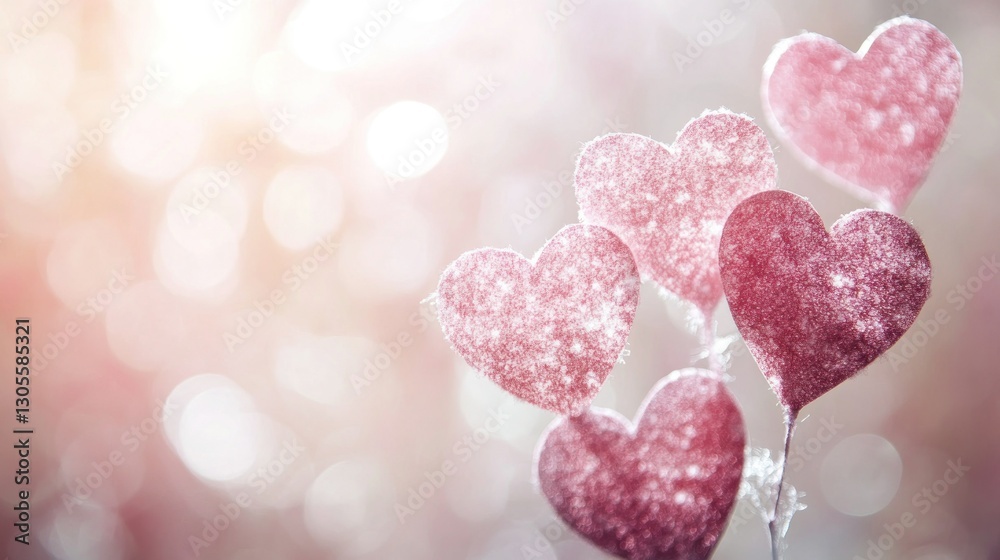 Poster several pink hearts with shimmering texture over a light background