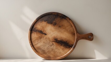 Round wooden chopping board with a handle and rustic burnt texture.