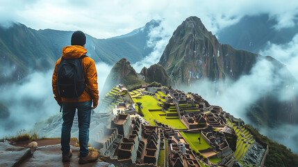 Exploring the ancient ruins of Machu Picchu amidst misty mountains and dramatic skies in Peru, a breathtaking adventure in nature's embrace