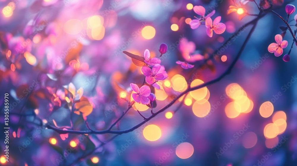 Poster pink flowers and light bokeh create a magical spring scene
