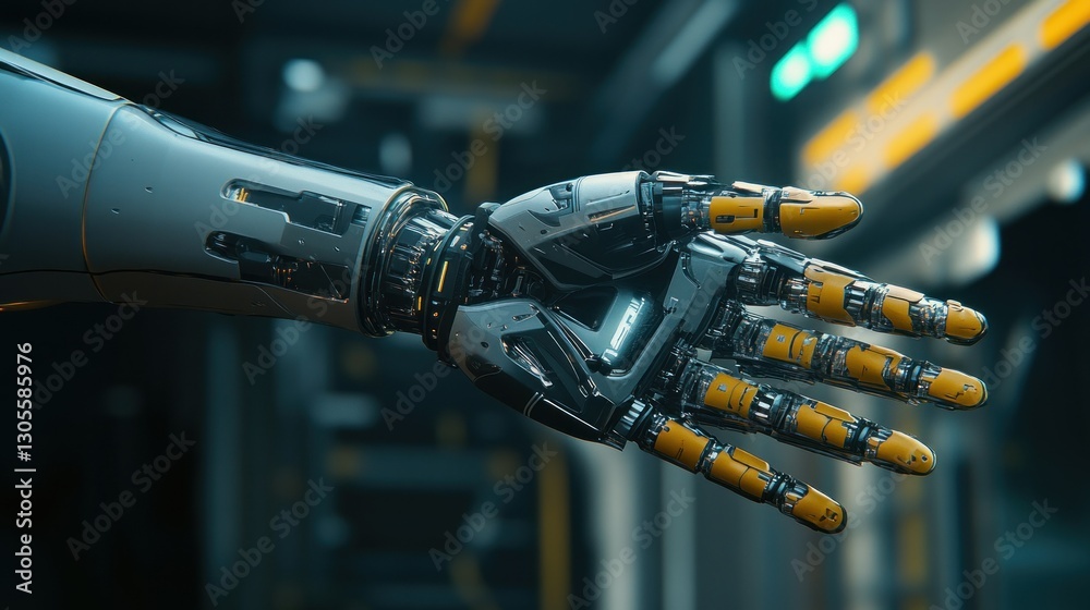Poster robotic hand extending in a mechanical metallic futuristic industrial scene