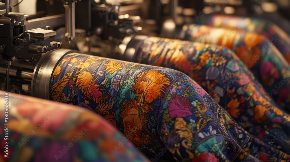 Poster textile printing machine with colorful floral designs and patterns
