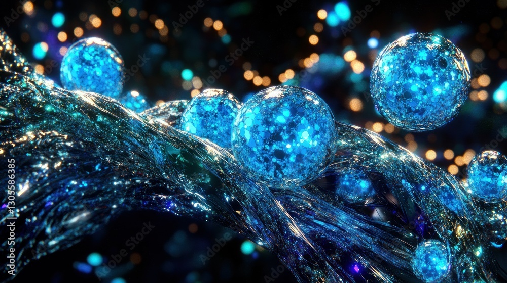 Poster blue spheres resting on a twisting illuminated dark surface