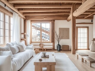 Fototapeta premium An interior room features wood beams and minimal elegant furnishings