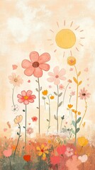 An illustration of colorful flowers beneath a bright warm sunny sky