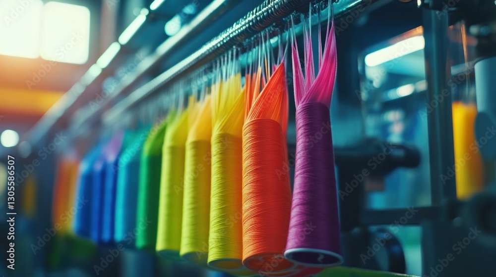 Poster vibrant textile production depicting several colors of threads in a factory