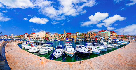 Vodice, Croatia: Sceninc view of the harbor and waterfront, main promenade in the downtown, Adriatic sea coastline, Dalmatia