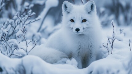 A Beautiful White Arctic Fox Sitting in Fresh Snow