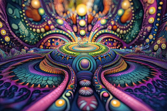 Otherworldly Psychedelic Landscape DMT Art, a Hypnotic Vision of Fractal Geometry, Cosmic Portals, and Surreal Dimensions in Vibrant, Multicolored Dreamscapes.