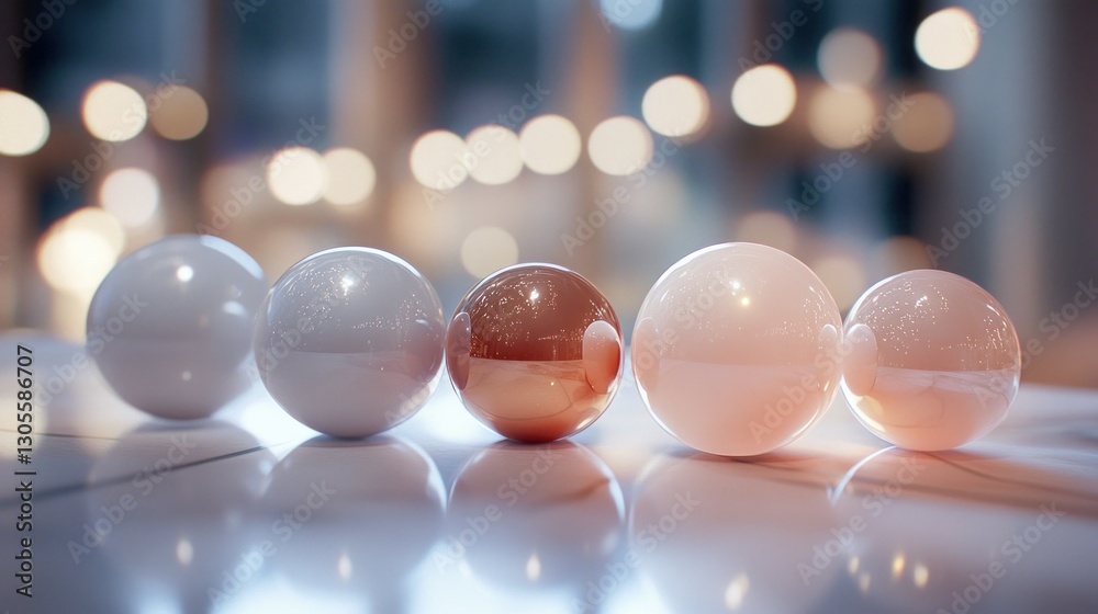 Poster Five balls of different color reflect light in a row