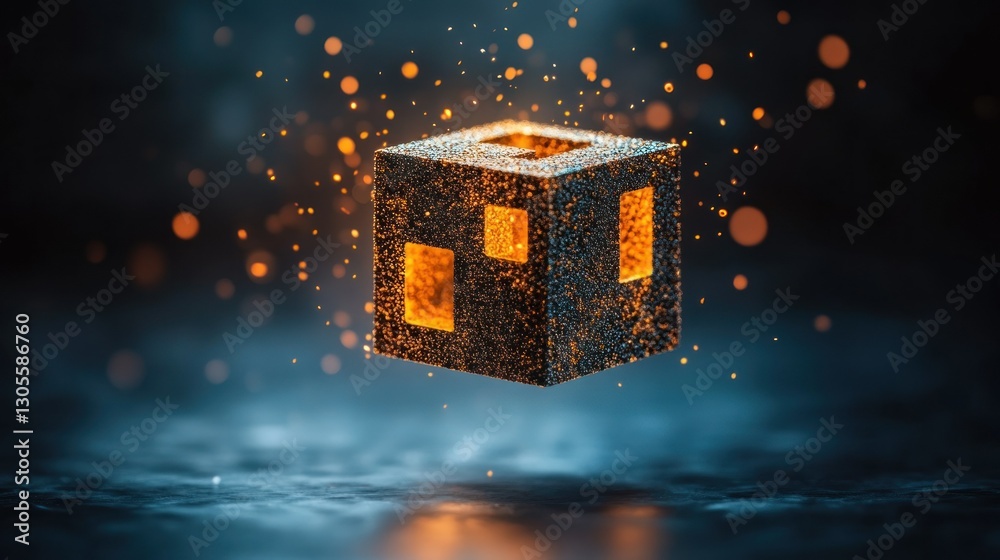 Poster A Floating Cube with Glowing Windows and Sparks in Space