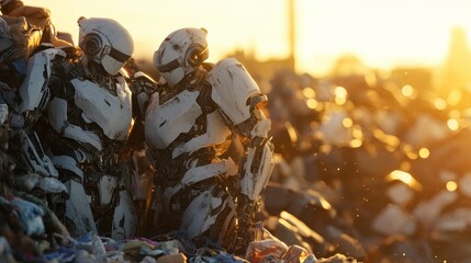 Two Robots Standing Amidst Rubbish Under a Golden Evening Sky