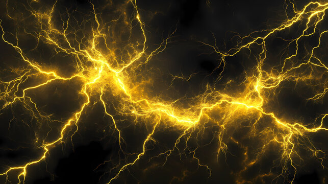 A black and yellow background with an abundance of yellow lightning in the center, or a black backdrop featuring ample yellow lightning in the focal point. Abundance - Field. Illustration