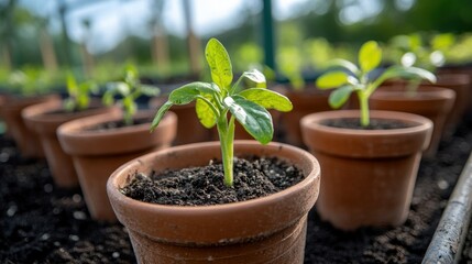 Young plants are growing in small terracotta flowerpots together