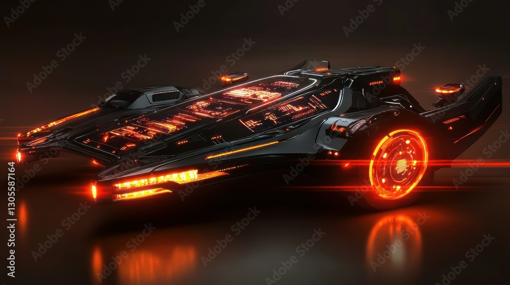 Poster futuristic spaceship with glowing lights appearing to be ready