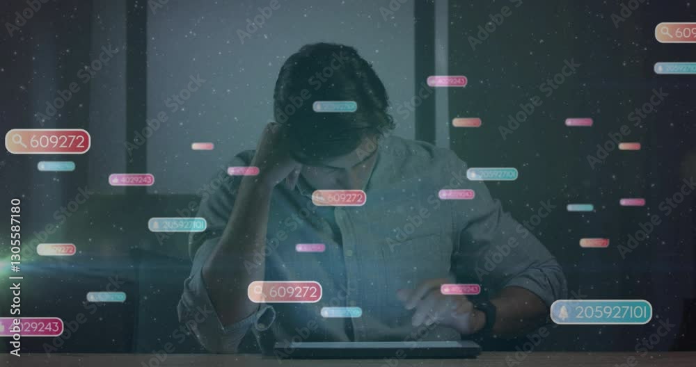 Poster man using tablet with floating numbers and data processing animation