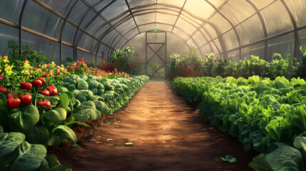 A greenhouse filled with rows of fresh vegetables like lettuce, cucumbers, and bell peppers growing in abundance. Abundance - Field. Illustration