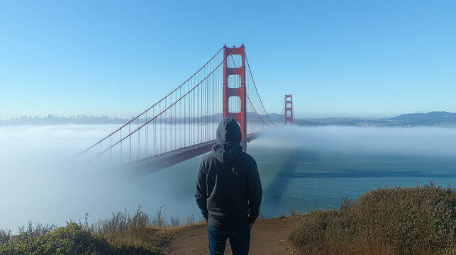 View from a visitor admiring the Golden Gate Bridge shrouded in fog against a clear blue sky in San Francisco, California during the morning hours