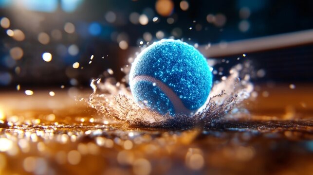 A glowing futuristic tennis ball splashing onto the court with light particles. Generative AI - Powered by Adobe
