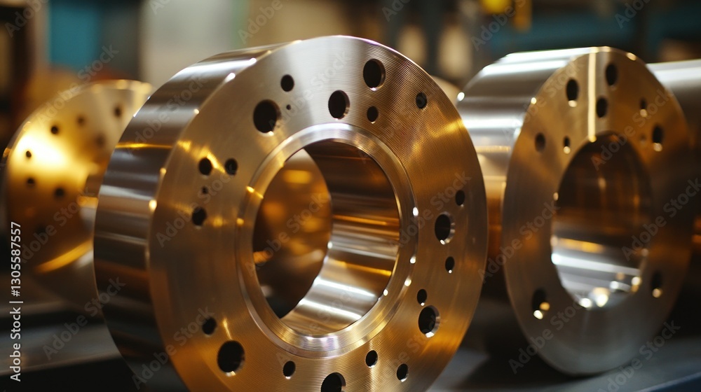 Poster several circular metal components with holes sit in a factory