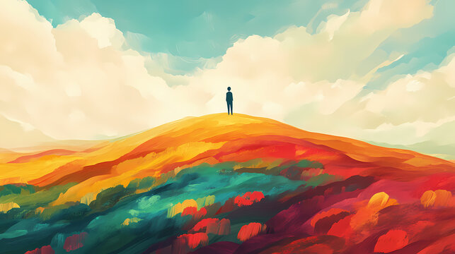 A person standing on a hilltop with a vast, colorful landscape below, symbolizing the limitless possibilities of an abundance mindset. Abundance - Field. Illustration