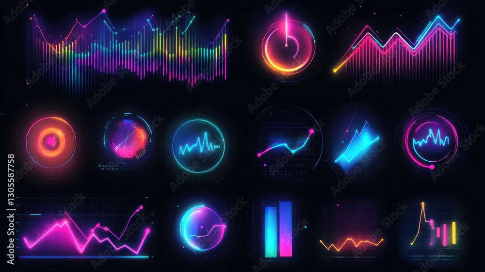 Poster Display of colorful neon illuminated financial data and charts