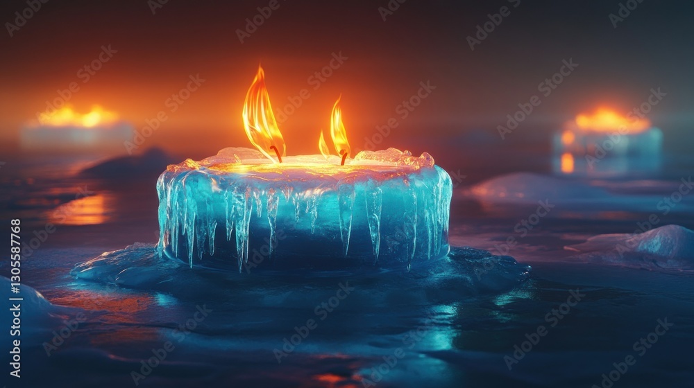 Poster a burning candle sits on a block of ice floating on water