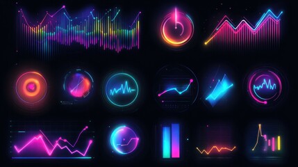 Display of colorful neon illuminated financial data and charts