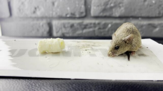 The mouse got caught in a super glue trap. A little mouse is caught in a glue trap and is trying to get out. The mouse stuck ion glue trap. An animal that spreads pathogens. Rat dying on trap. 