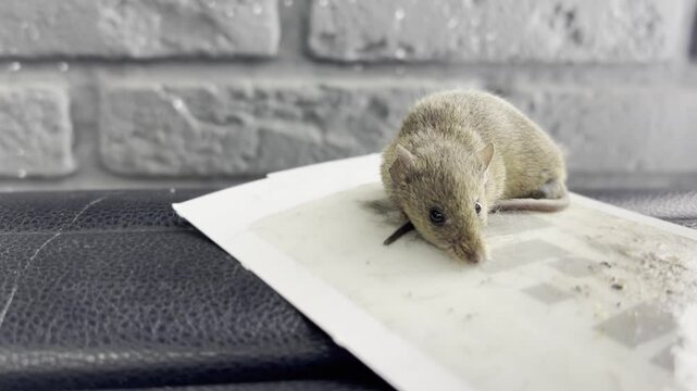 The mouse got caught in a super glue trap. A little mouse is caught in a glue trap and is trying to get out. The mouse stuck ion glue trap. An animal that spreads pathogens. Rat dying on trap. 