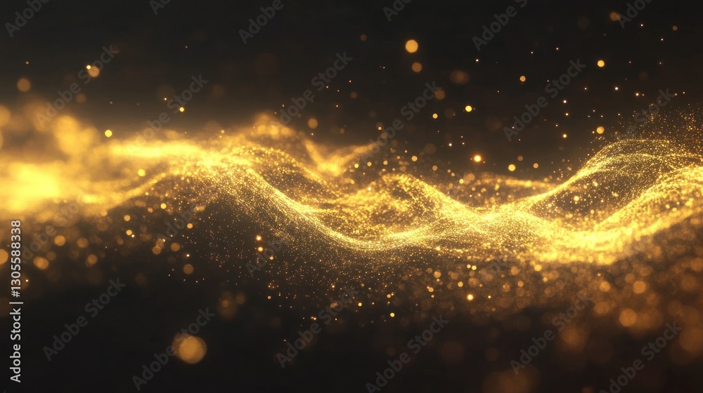 Poster Shimmering golden particles floating in a dark background are visible